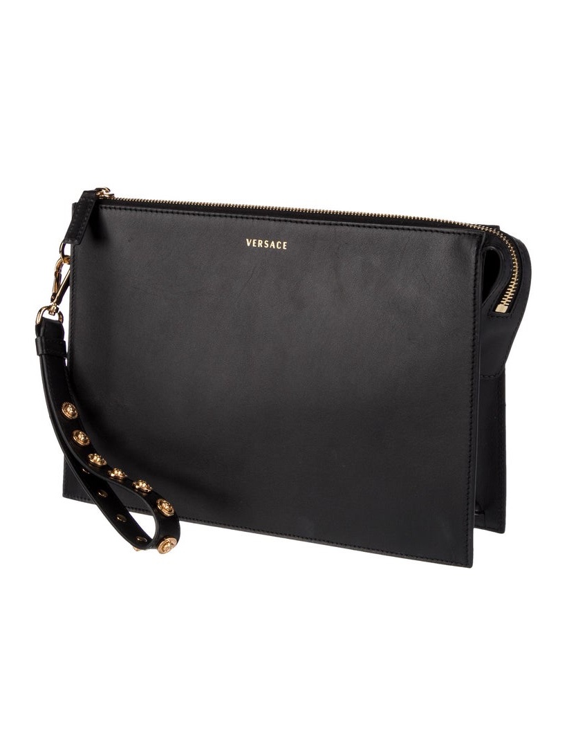 Authentic Versace Gold Studded Medusa Leather Clutch Bag New